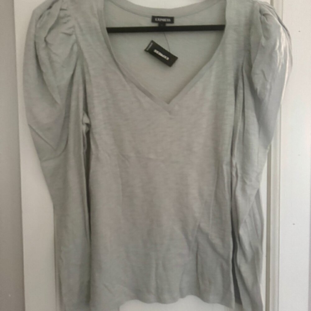 Express Light Green Puff Sleeve V-Neck Top – Size XL - Picture 3 of 4